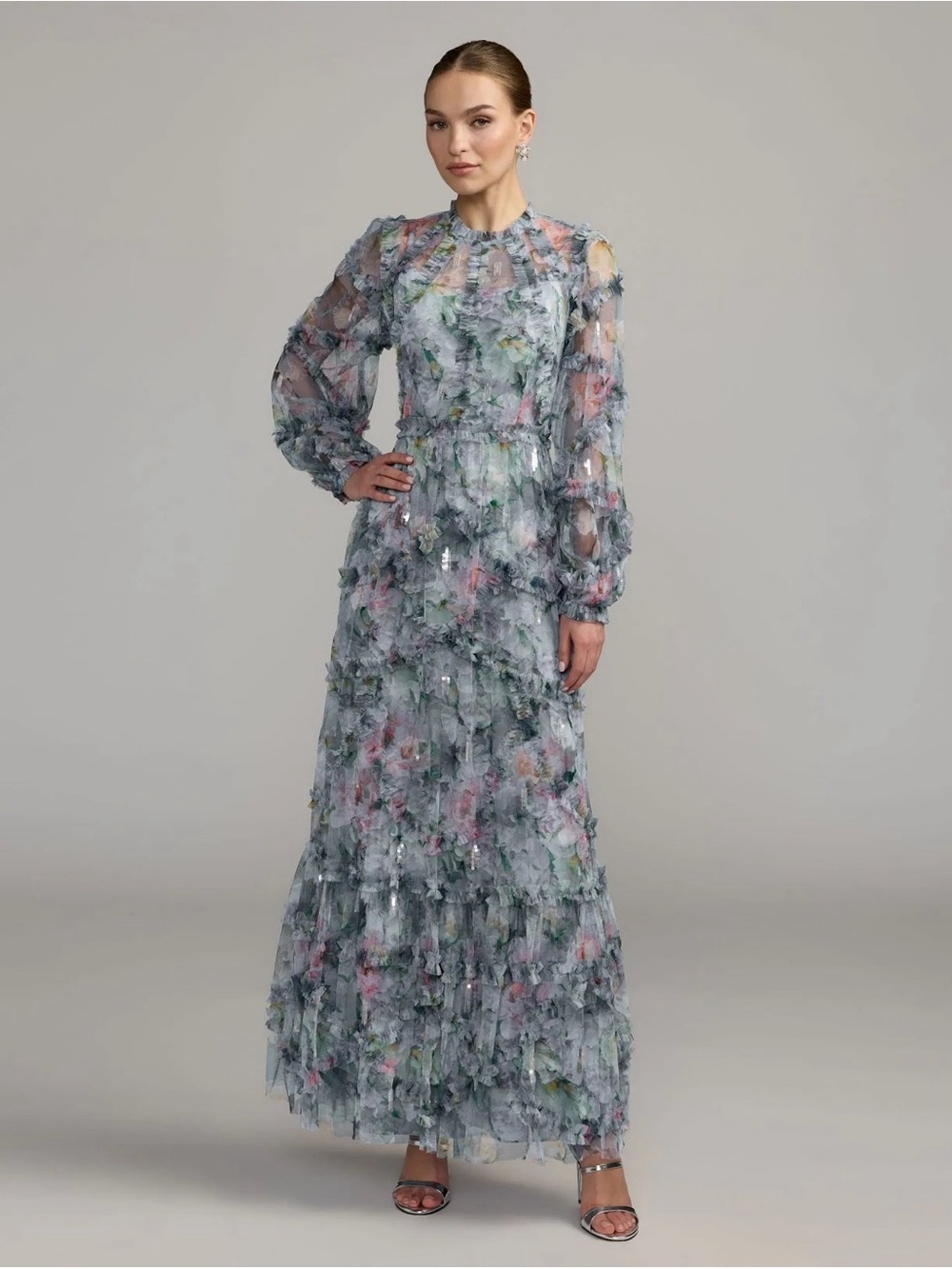 Mac Duggal 8098 Blue Floral Long Sleeve High Neck Ruffle Maxi Dress Size 12 NWOT